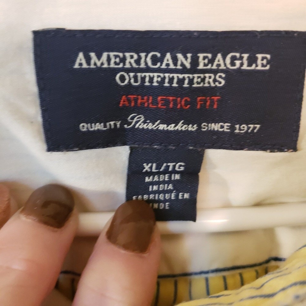 AMERICAN Eagle Outfitters Men's Button Down Yellow Blue Striped Shirt Sz XL Slim - Picture 3 of 4